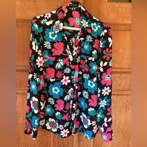 Express Black Button-Down Shirt with Pink & Blue Floral Print